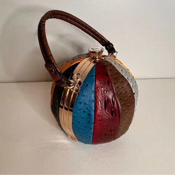 Alyssa Faux Vegan Leather Ostrich Texture Round Sphere Ball Handbag Multicolor - Picture 6 of 15